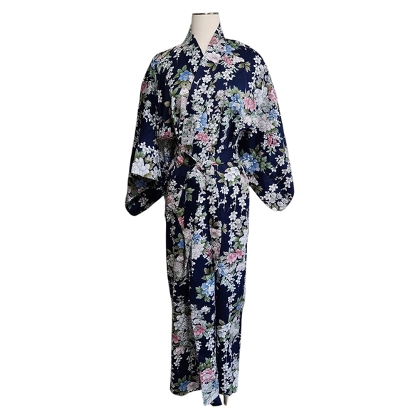 WOMEN'S YUKATA ROBE JAPANESE SUMMER KIMONO CHERRY BLOSSOM NAVY OS - Picture 2 of 13